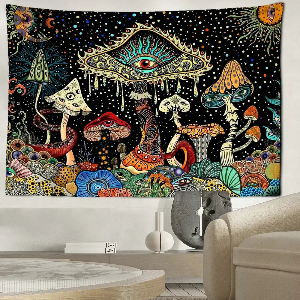 Psychedelic mushroom forest colorful eyes tapestry bedroom wall art
