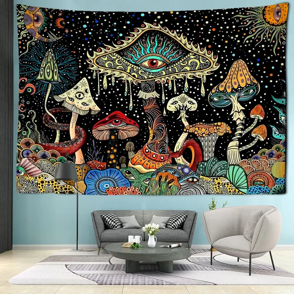 Psychedelic mushroom forest colorful eyes tapestry bedroom wall art