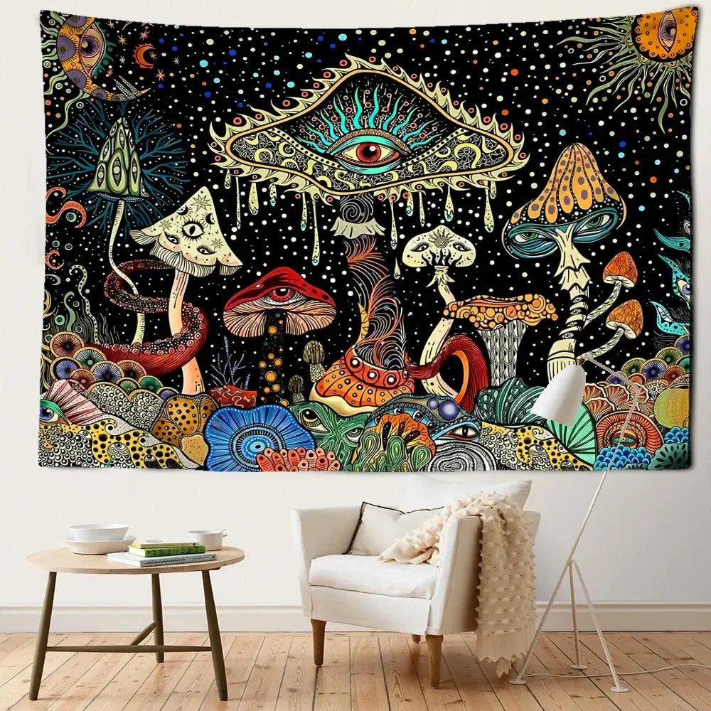 Psychedelic mushroom forest colorful eyes tapestry bedroom wall art