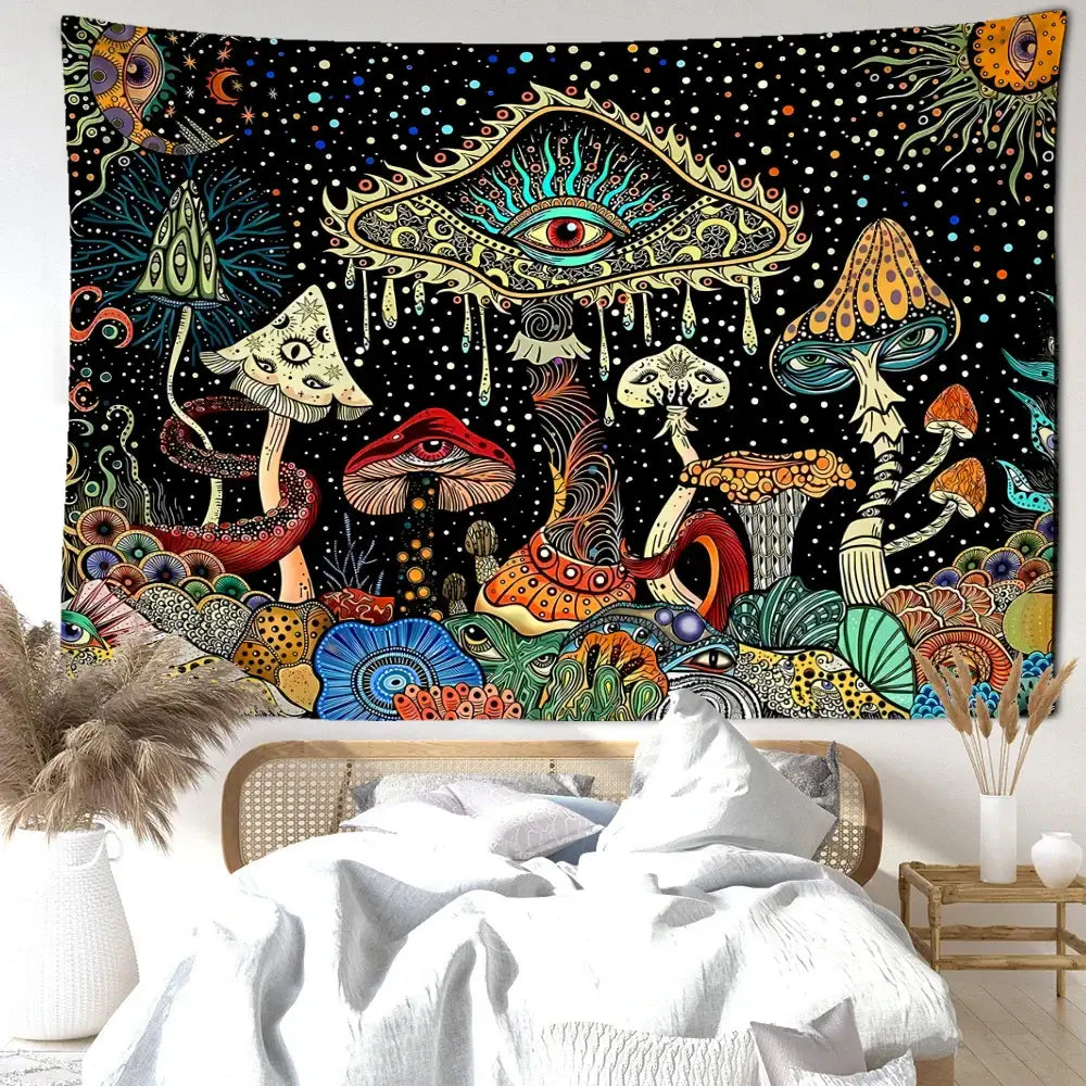 Psychedelic mushroom forest colorful eyes tapestry bedroom wall art