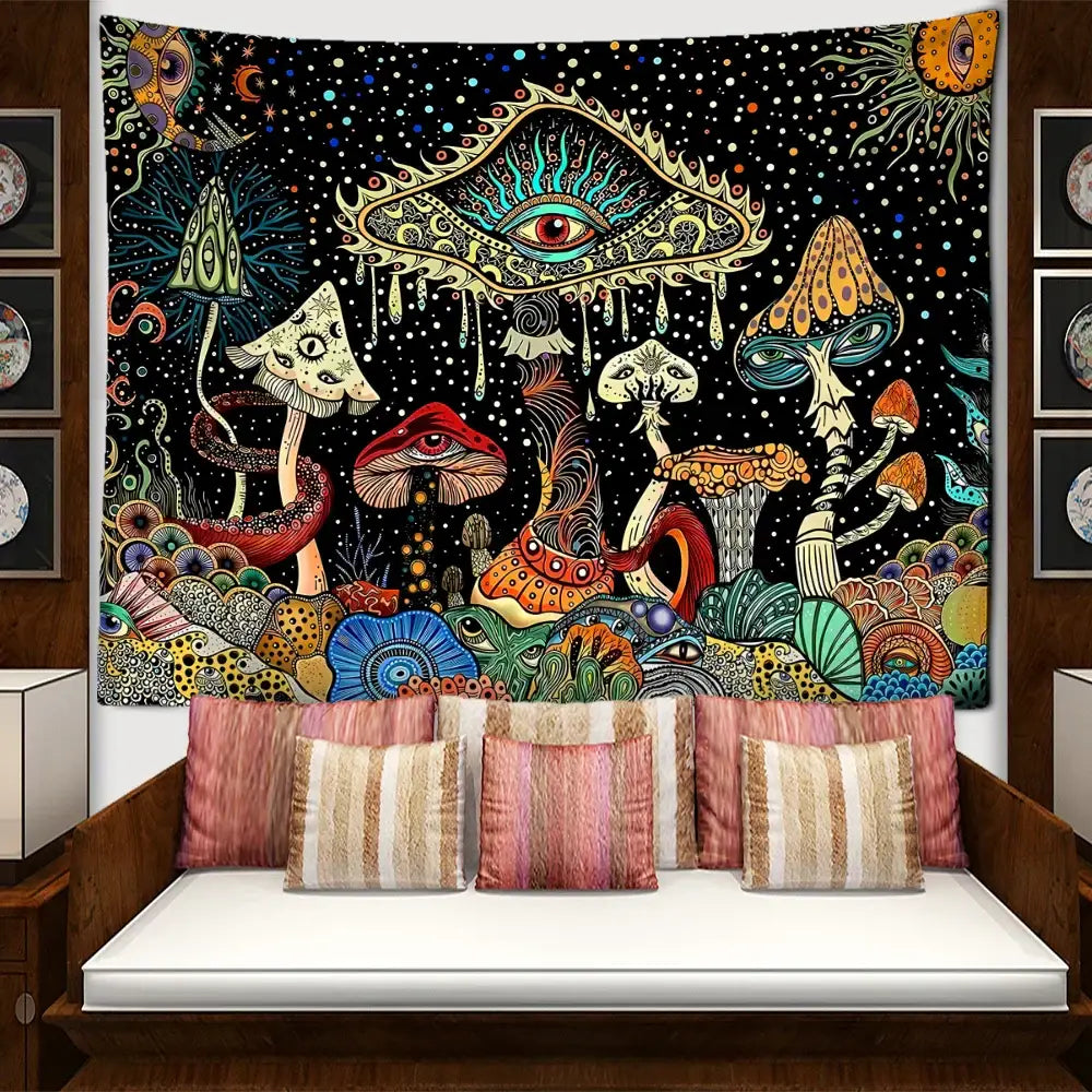 Psychedelic mushroom forest colorful eyes tapestry bedroom wall art