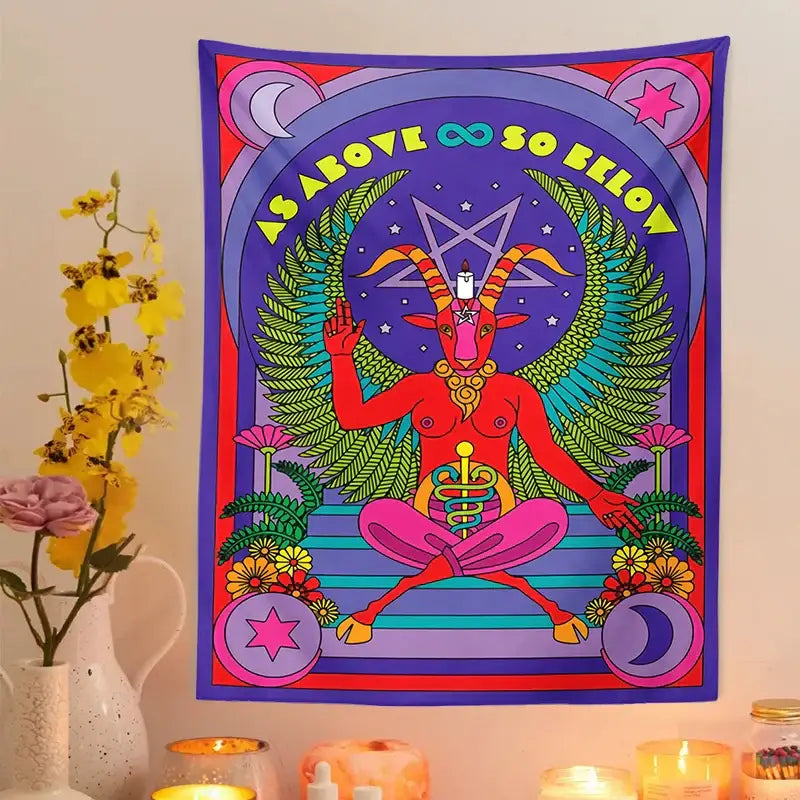 Psychedelic red baphomet tarot witchcraft tapestry wall bedroom decor