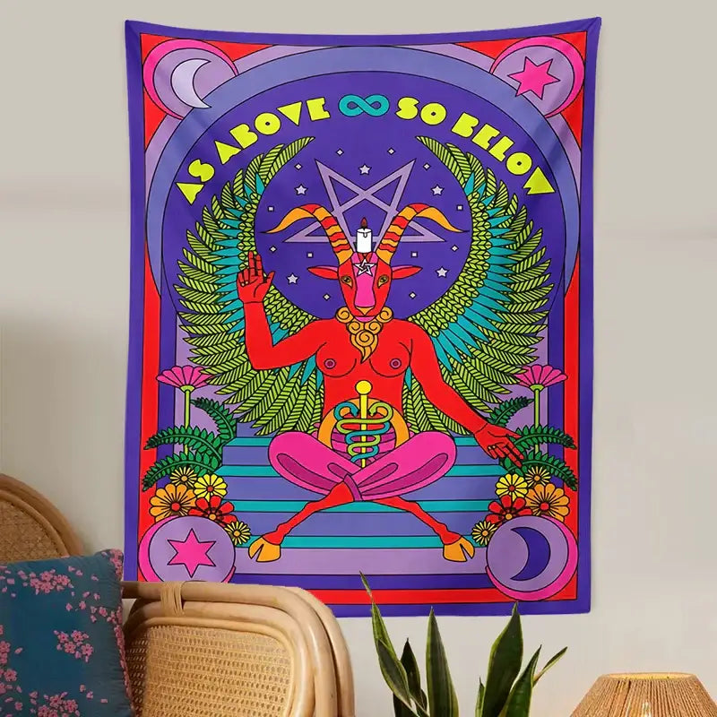 Psychedelic red baphomet tarot witchcraft tapestry wall bedroom decor