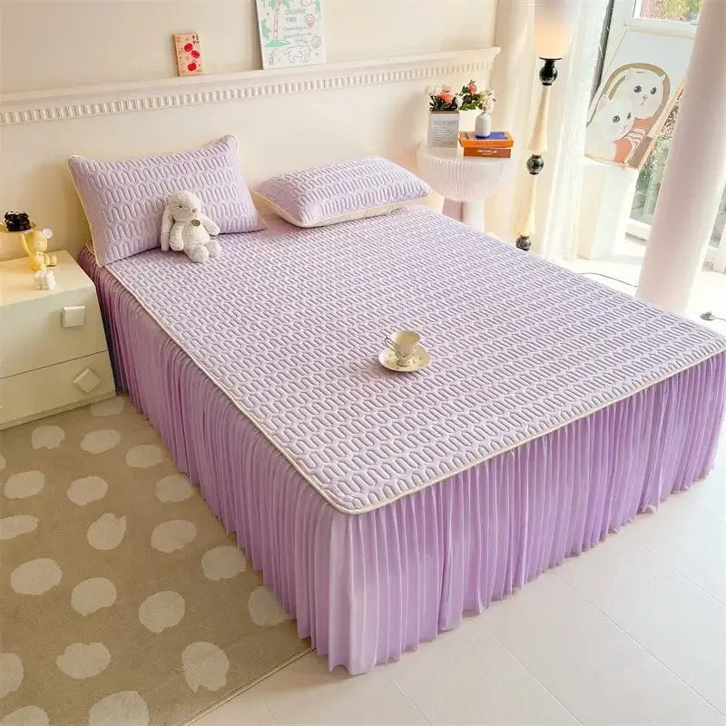 Quilted pink bed skirt set with silver trim bedroom bed pad