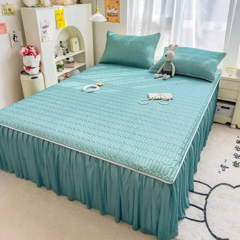Quilted pink bed skirt set with silver trim bedroom bed pad