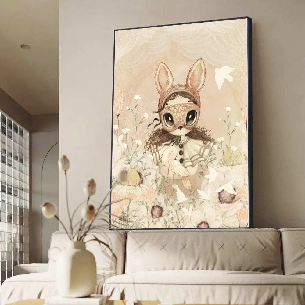 Rabbit Canvas Print Beige Kids Room