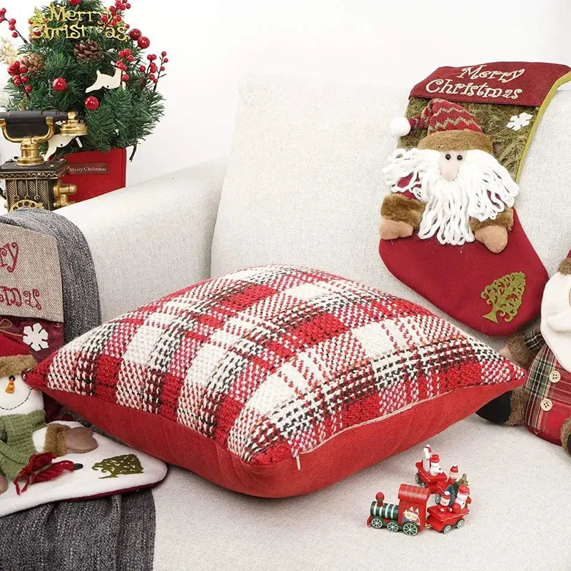 Red and cream buffalo plaid cushion cover living room throw pillow