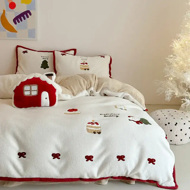 Red and white cartoon embroidered bedding set bedroom plush house