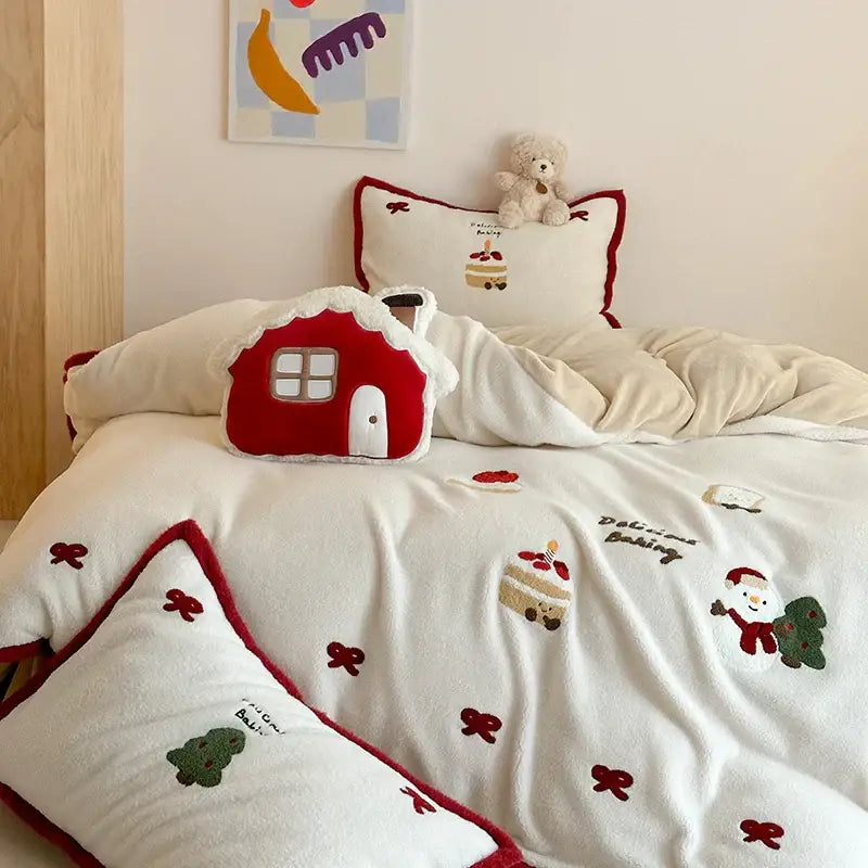 Red and white cartoon embroidered bedding set bedroom plush house