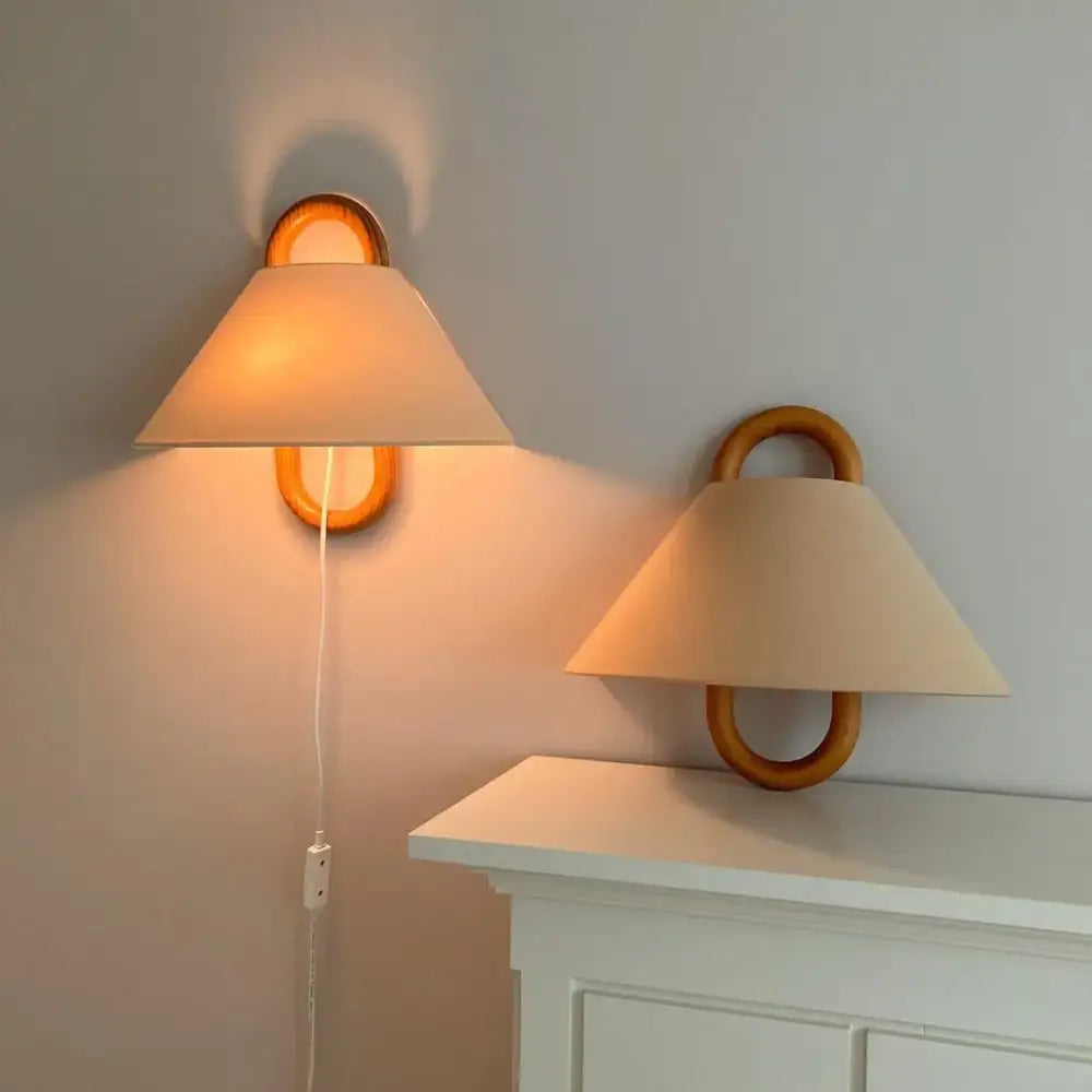 Retro beech wood wall lamp bedroom sconce with cream shade