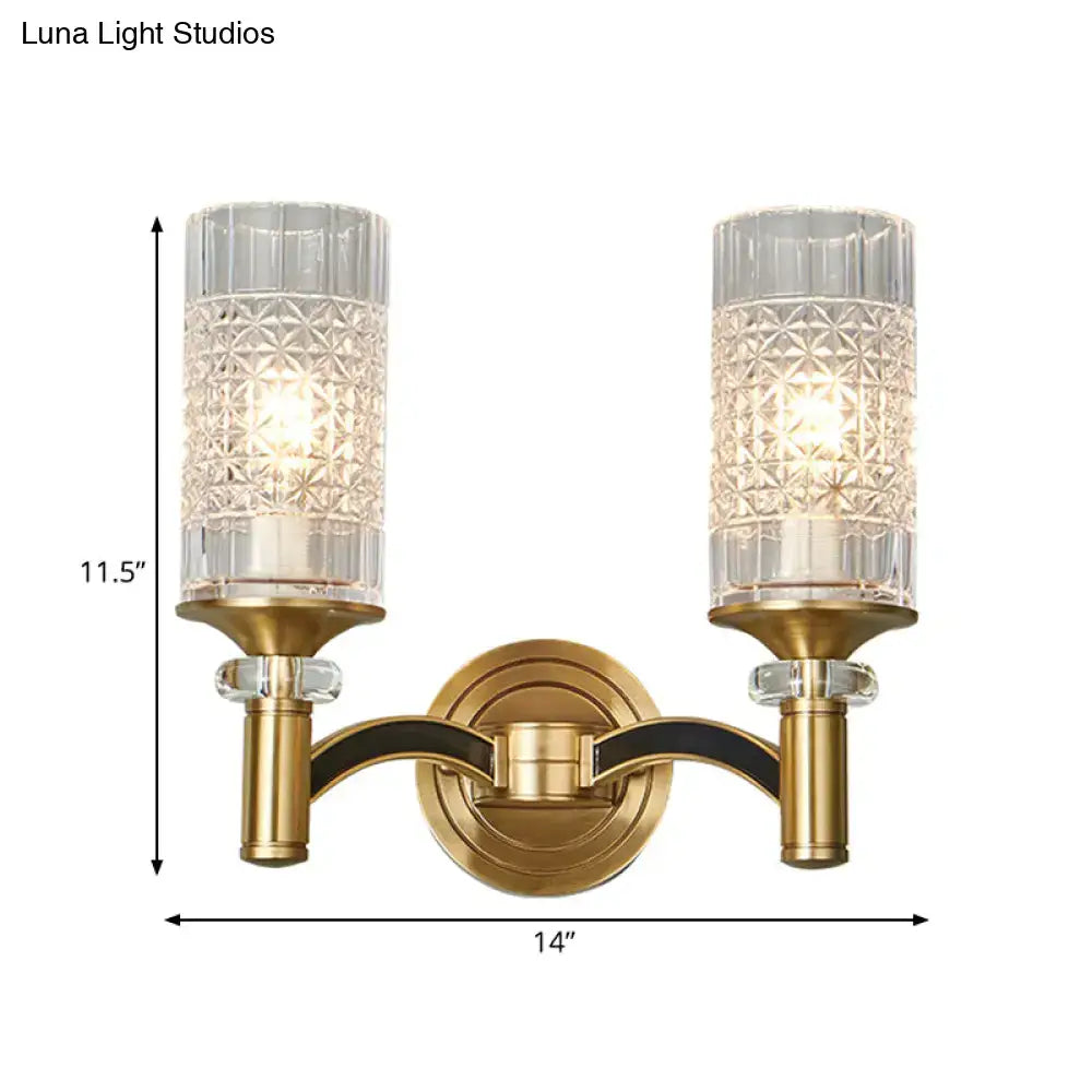 Retro brass gridded crystal wall light living room sconce