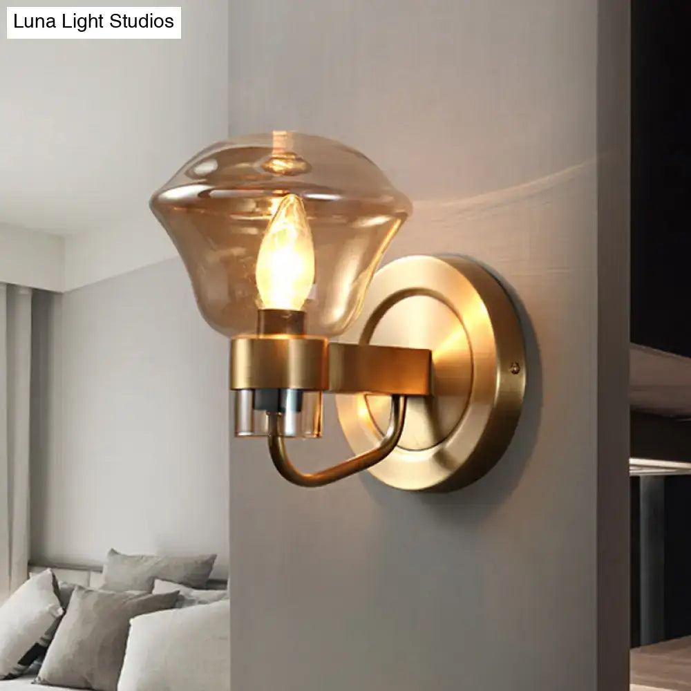 Retro brass smoke gray & amber glass wall light fixture bedroom sconce