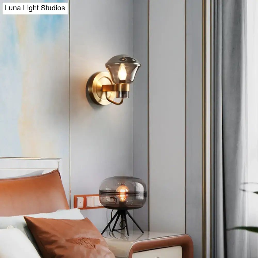 Retro brass smoke gray & amber glass wall light fixture bedroom sconce