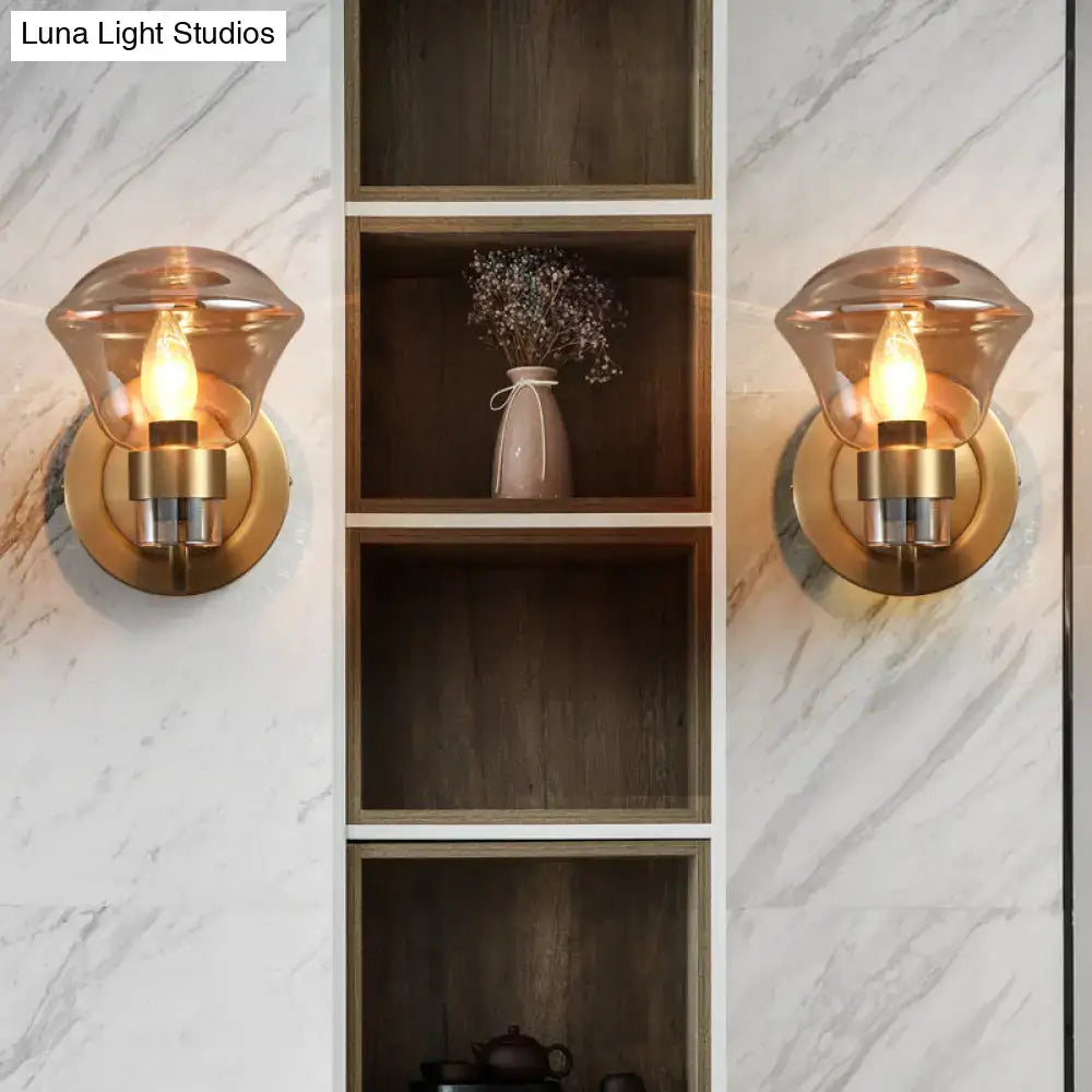 Retro brass smoke gray & amber glass wall light fixture bedroom sconce