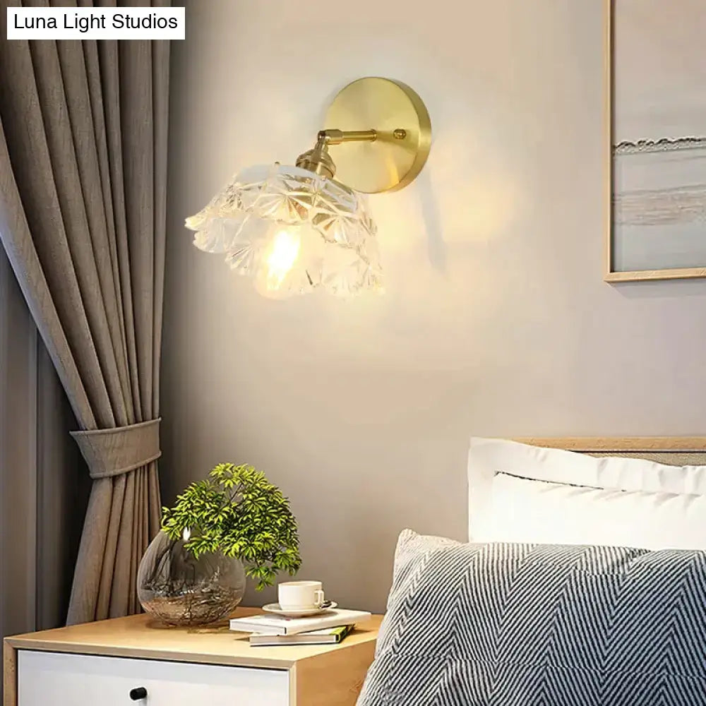 Retro copper flower brass wall sconce bedroom fluted glass light