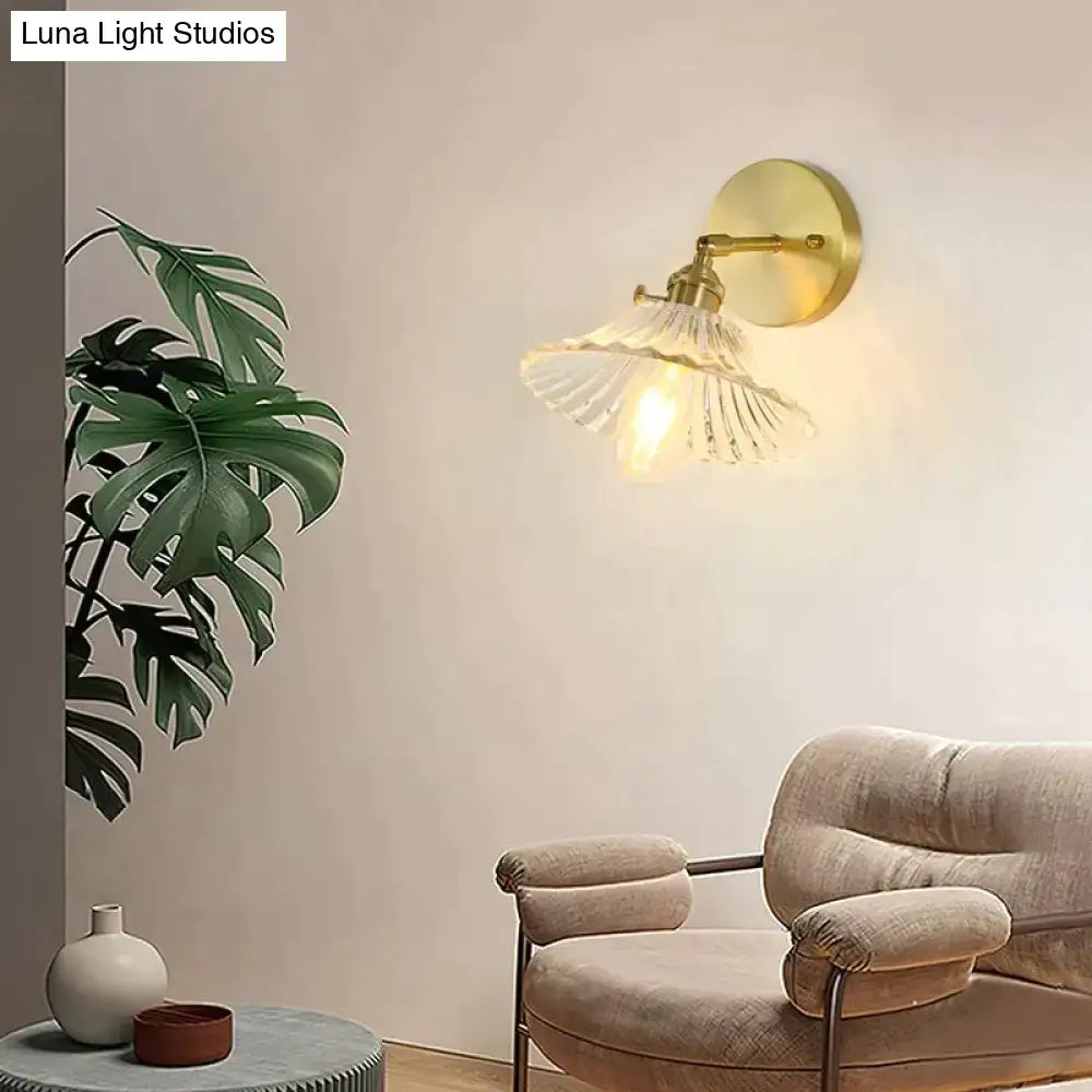 Retro copper flower brass wall sconce bedroom fluted glass light