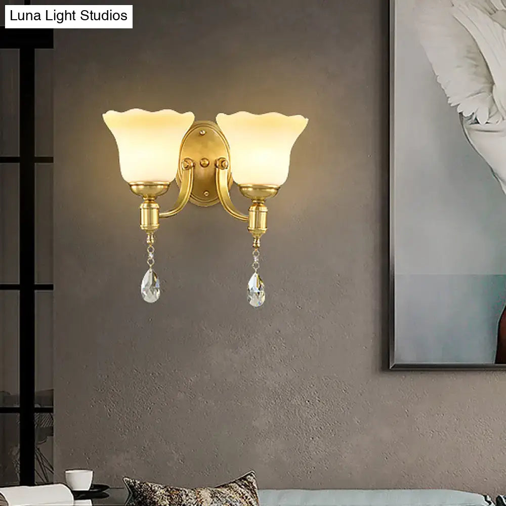 Retro gold opaque glass wall lamp bedroom crystal sconce
