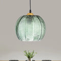 Retro green ribbed glass pumpkin dinette pendant lamp with brass fixture for dining room lighting