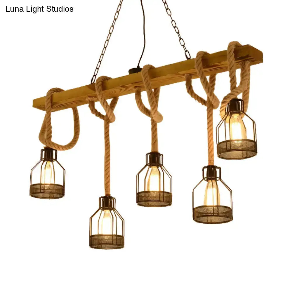 Retro industrial brown 5-head hanging light with adjustable rope dining room chandelier