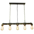Retro industrial metal tubular island dining room light with dark rustic pipe design and five exposed bulb edison bulbs