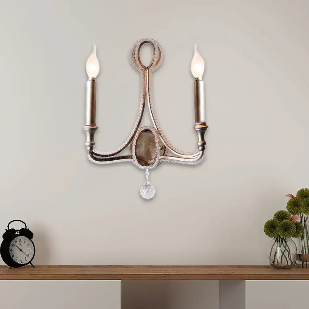 Retro loft fabric aged silver wall light bedroom crystal sconce