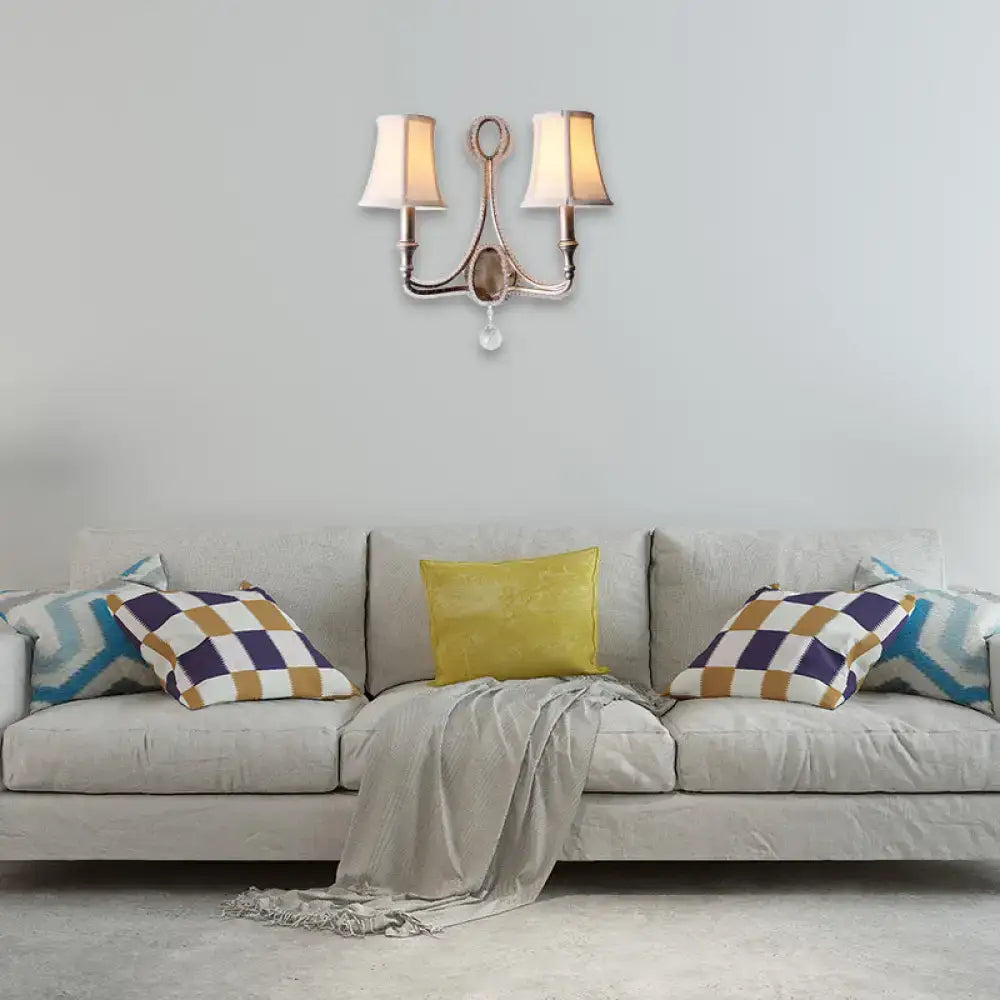Retro loft fabric aged silver wall light bedroom crystal sconce
