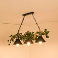 Decorbites™ black retro metal pendant light with three conical shades, green ivy, and woven rope accents