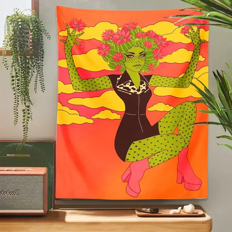 Retro orange and green cactus girl tapestry bedroom wall decor