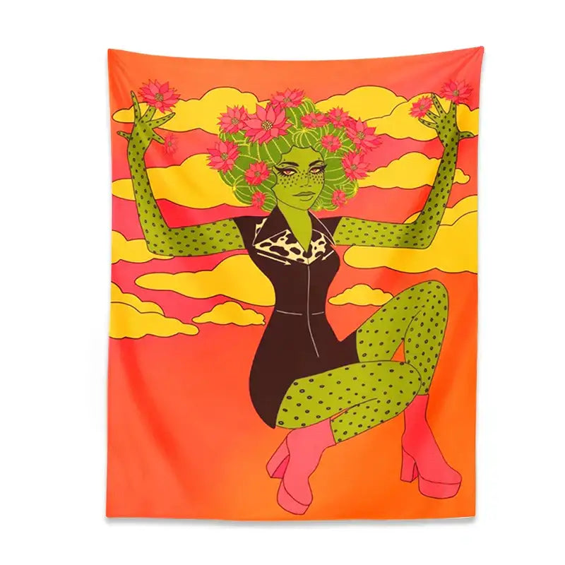 Retro orange and green cactus girl tapestry bedroom wall decor