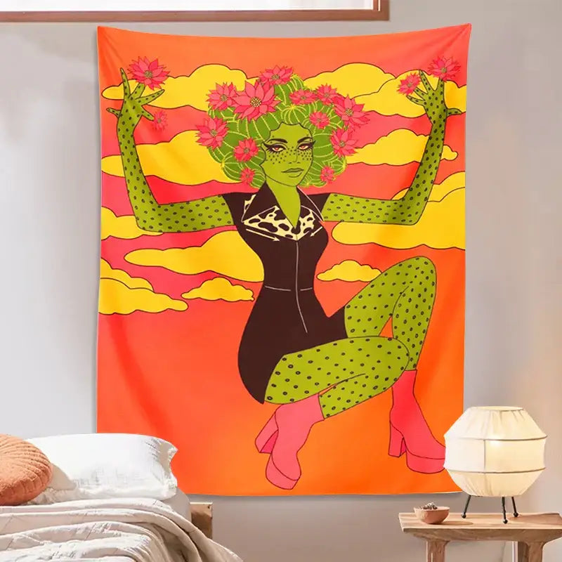 Retro orange and green cactus girl tapestry bedroom wall decor