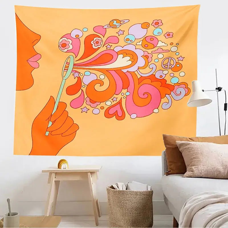 Retro orange colorful bubbles tapestry bedroom psychedelic wall art