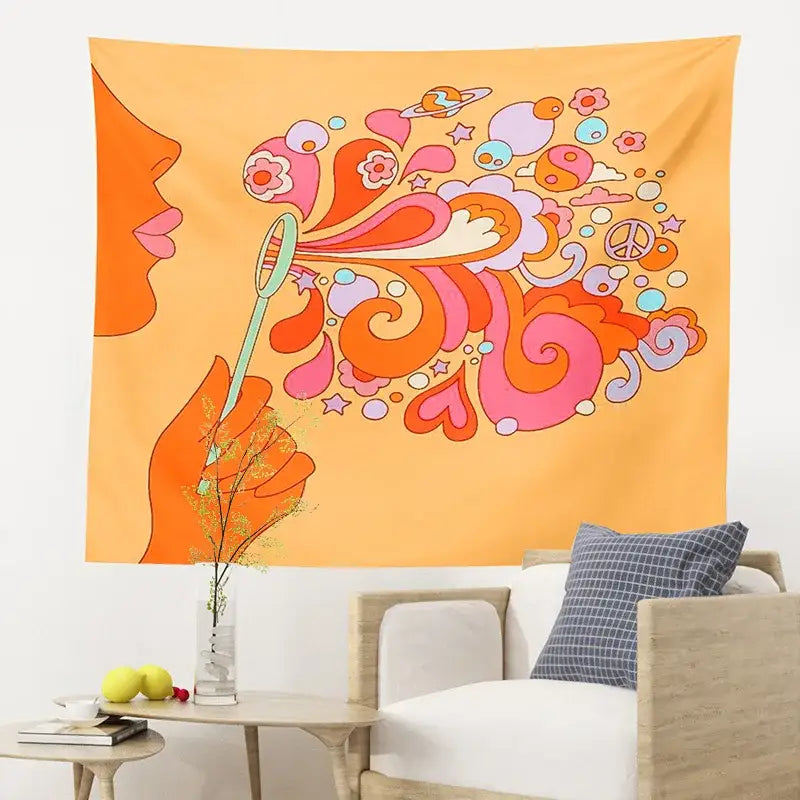 Retro orange colorful bubbles tapestry bedroom psychedelic wall art