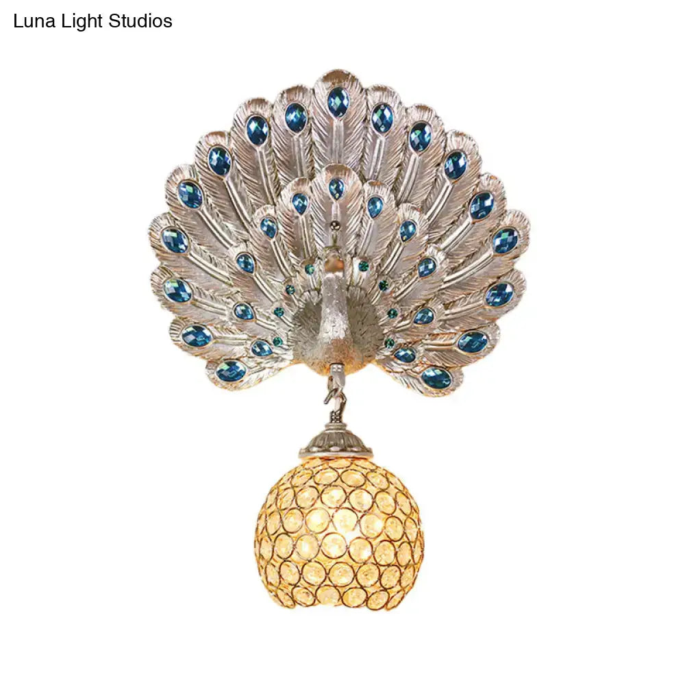 Retro peacock silver & white wall lamp living room clear crystal