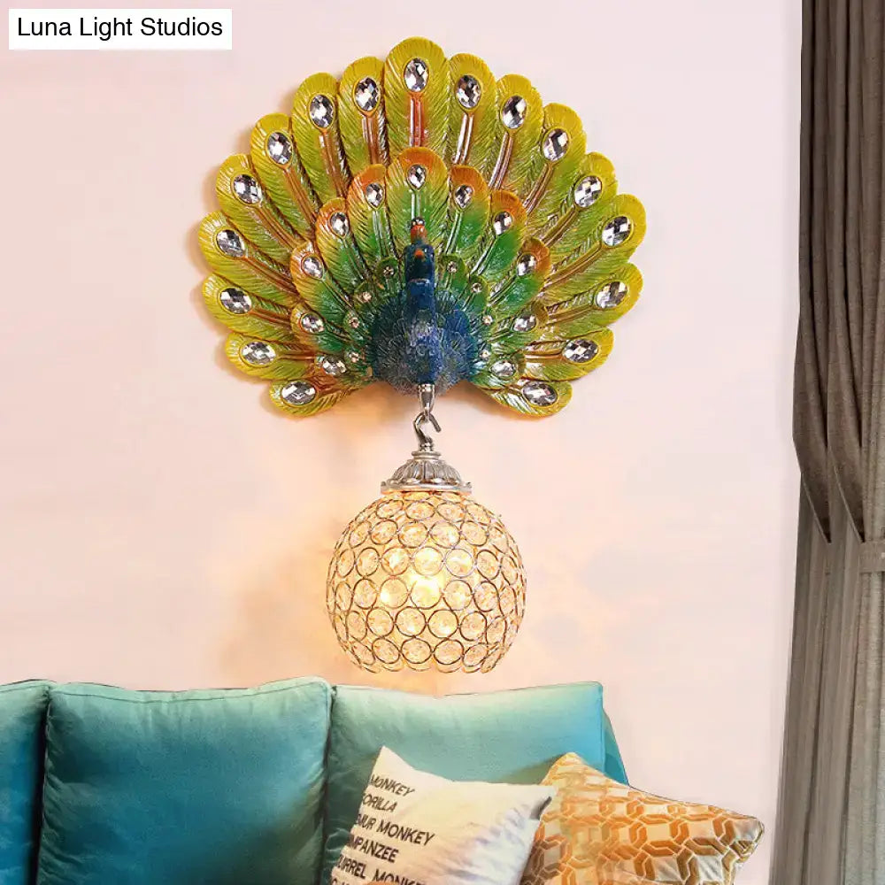 Retro peacock silver & white wall lamp living room clear crystal