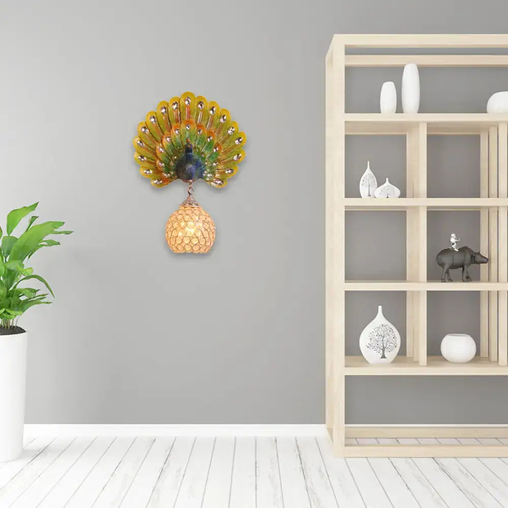 Retro peacock silver & white wall lamp living room clear crystal