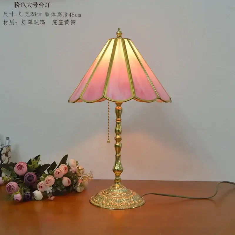 Retro pink stained glass brass desk lamp bedroom vintage light