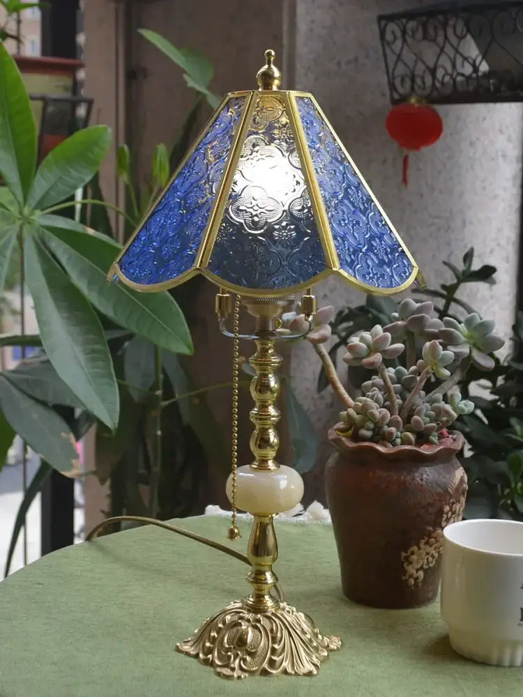Retro pink stained glass brass desk lamp bedroom vintage light