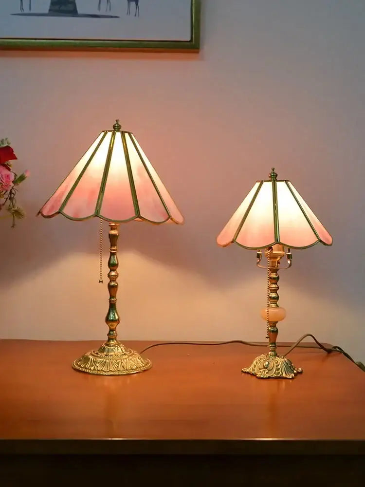 Retro pink stained glass brass desk lamp bedroom vintage light