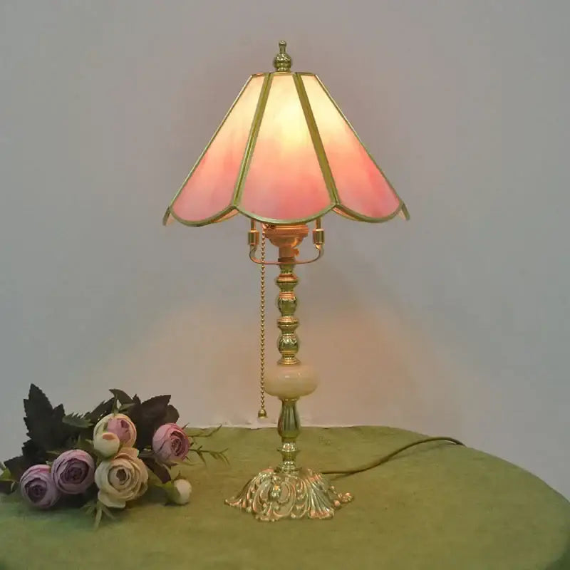 Retro pink stained glass brass desk lamp bedroom vintage light