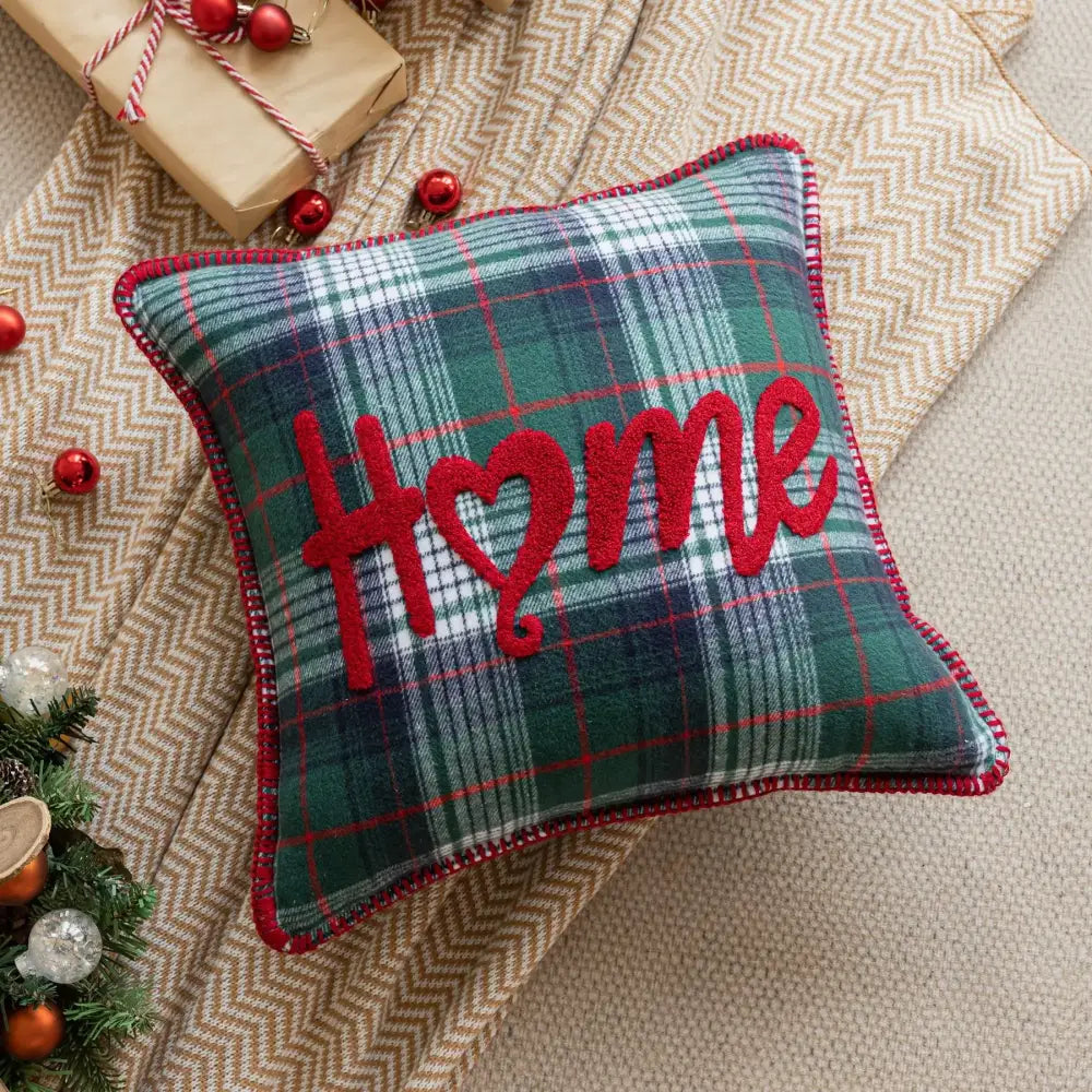 Retro red & green plaid snowflake jingle bell pillow case living room