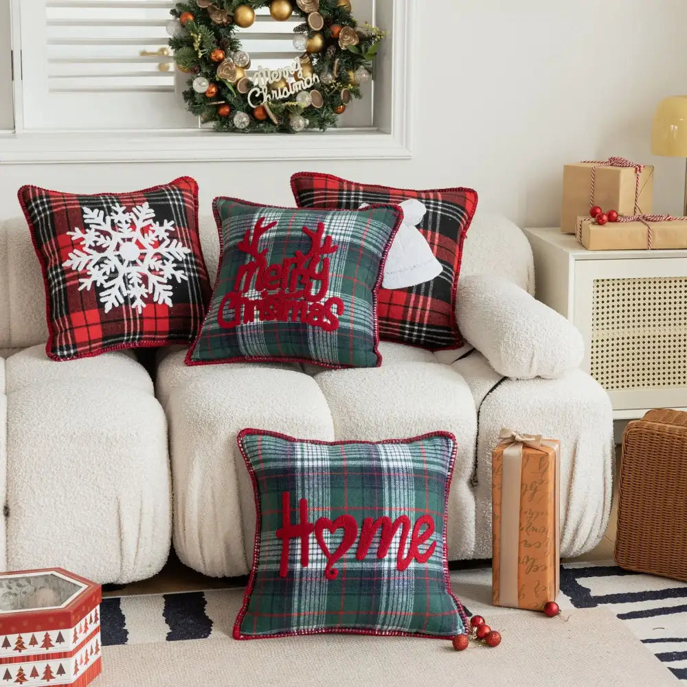 Retro red & green plaid snowflake jingle bell pillow case living room