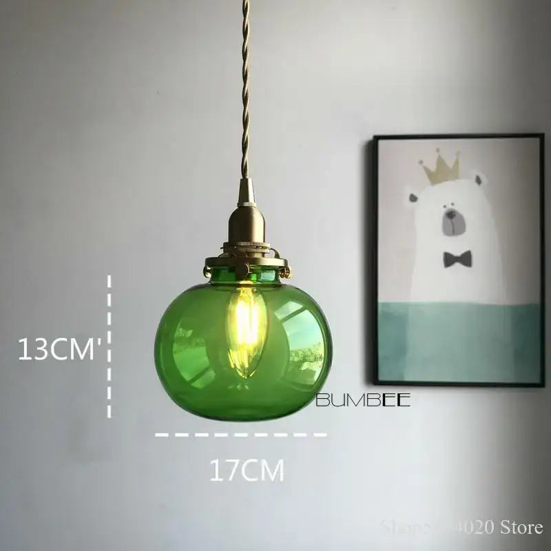Retro teal and brass glass pendant chandelier bedroom hanging light
