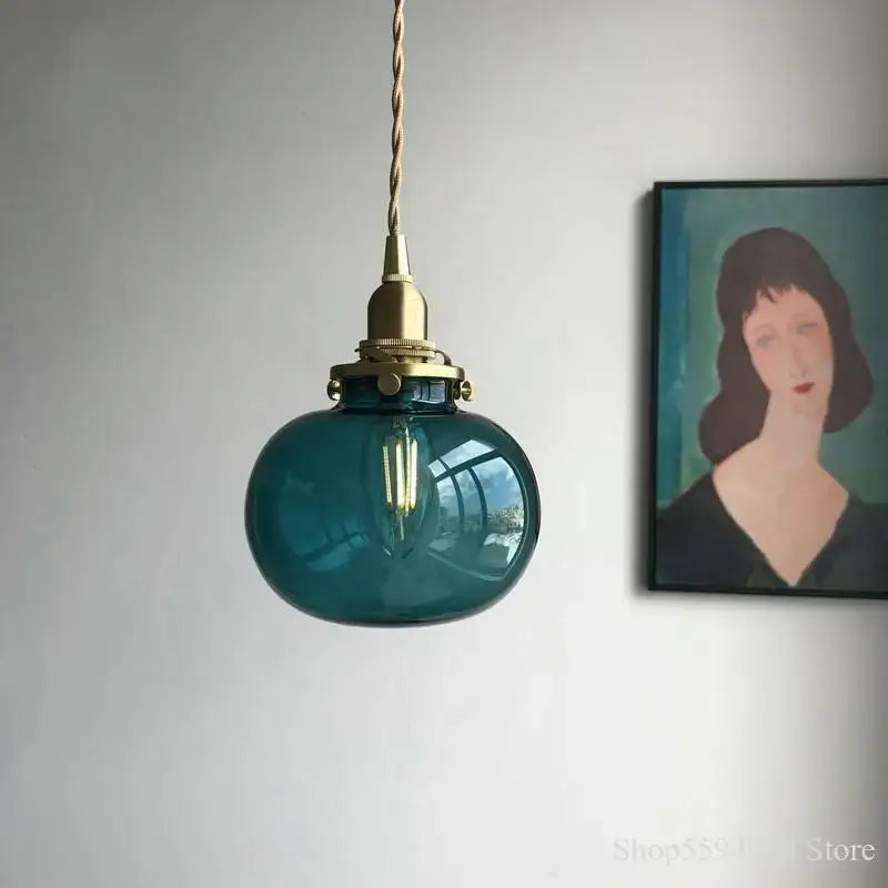 Retro teal and brass glass pendant chandelier bedroom hanging light