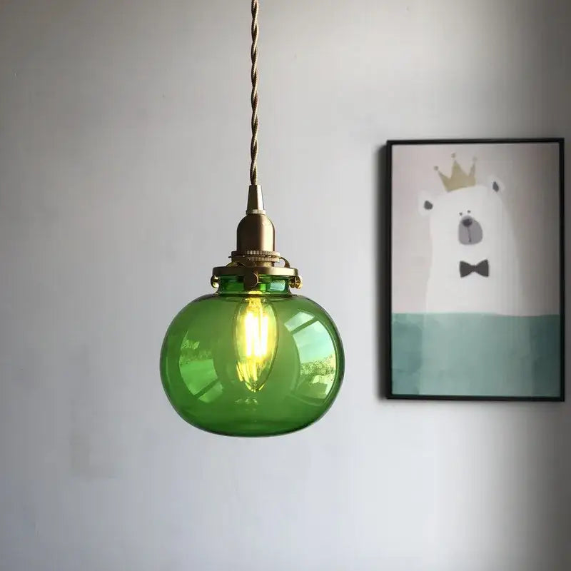 Retro teal and brass glass pendant chandelier bedroom hanging light