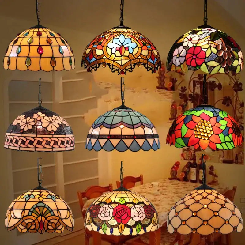 Retro tiffany style colorful glass chandelier dining room pendant