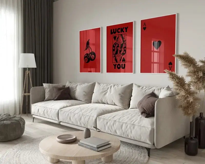 Modern beige sectional sofa with plush cushions complements decorbites™ retro wall art posters set queen of hearts theme