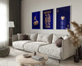 White sectional sofa with beige and brown throw pillows next to decorbites™ retro wall art posters set queen of hearts theme