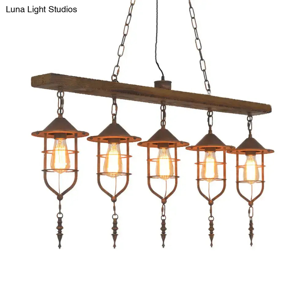 Retro wood and iron cage ceiling light dining room lighting fixture