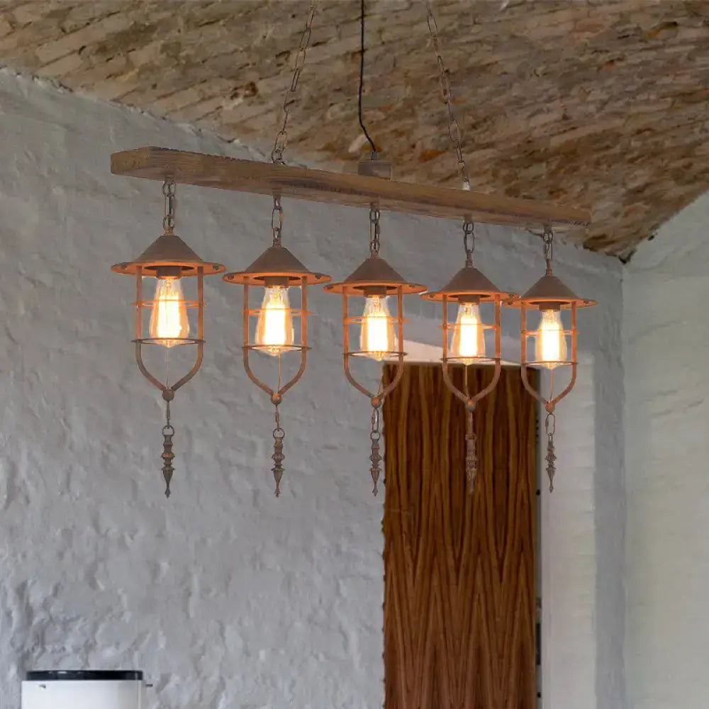 Retro wood and iron cage ceiling light dining room lighting fixture