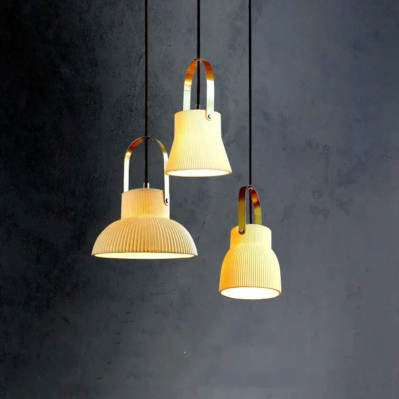 Ribbed cream ceramic led pendant light kitchen hanging lamp